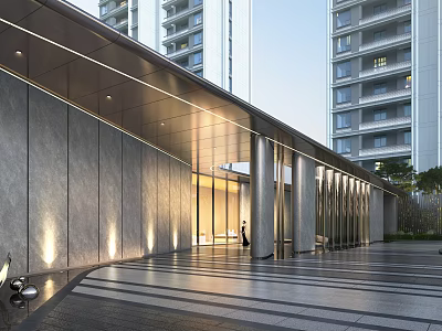 Modern Architectural Entrance With High Rise Background Paved Ground And Soft Lighting 3d model