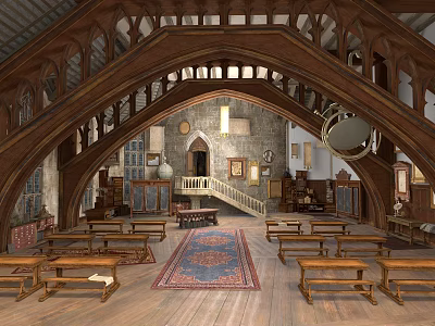Medieval Architectural Interior With Arched Wooden Roof Trusses Stone Walls And Wooden Benches 3d model