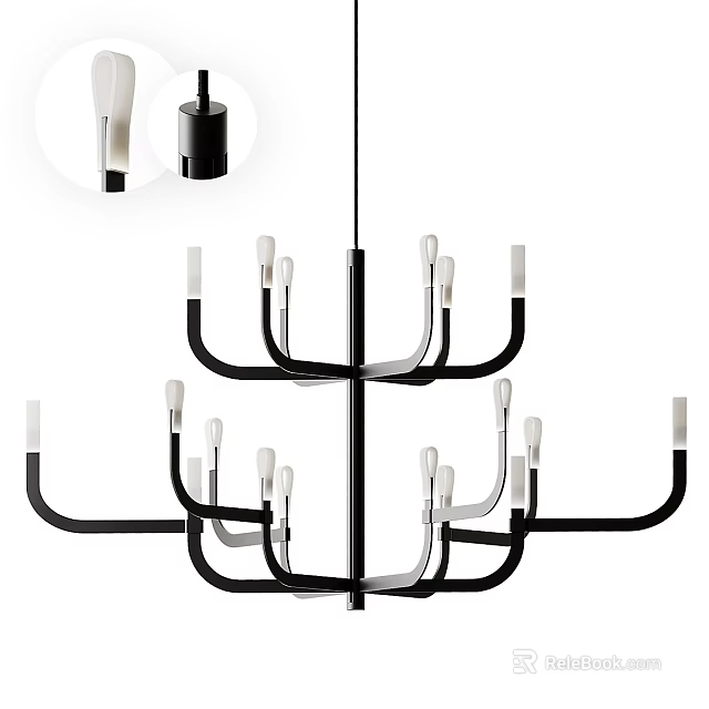 Modern Multi Arm Chandelier With Black Metal Frame And White Shades 3d model 