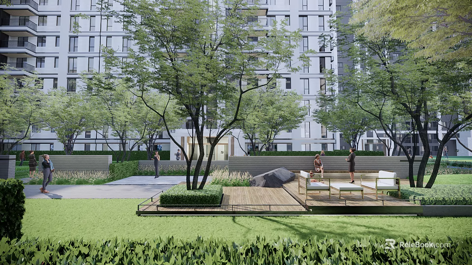 Serene Garden Landscape with Trees Lawn Wooden Deck and Outdoor Seating near High Rise Apartments 3d model 
