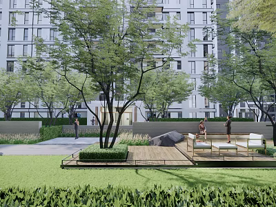 Serene Garden Landscape with Trees Lawn Wooden Deck and Outdoor Seating near High Rise Apartments 3d model