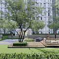 Serene Garden Landscape with Trees Lawn Wooden Deck and Outdoor Seating near High Rise Apartments