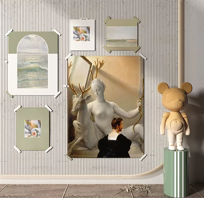 Artistic Wall Decor With Ocean Wave Paintings Deer Figure Art And Teddy Bear 3d model