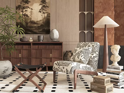 Patterned Accent Chair in Living Room with Wooden Stool Floor Lamp and Art Painting 3d model