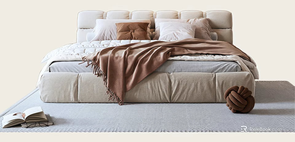Cozy Modern Double Bed With Upholstered Headboard Multiple Pillows Brown Blanket And Soft Mattress 3d model 