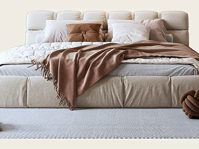Cozy Modern Double Bed With Upholstered Headboard Multiple Pillows Brown Blanket And Soft Mattress 3d model