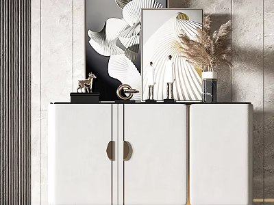 Elegant Entryway Side Cabinet Design With White Finish Gold Accents And Decorative Artwork 3d model
