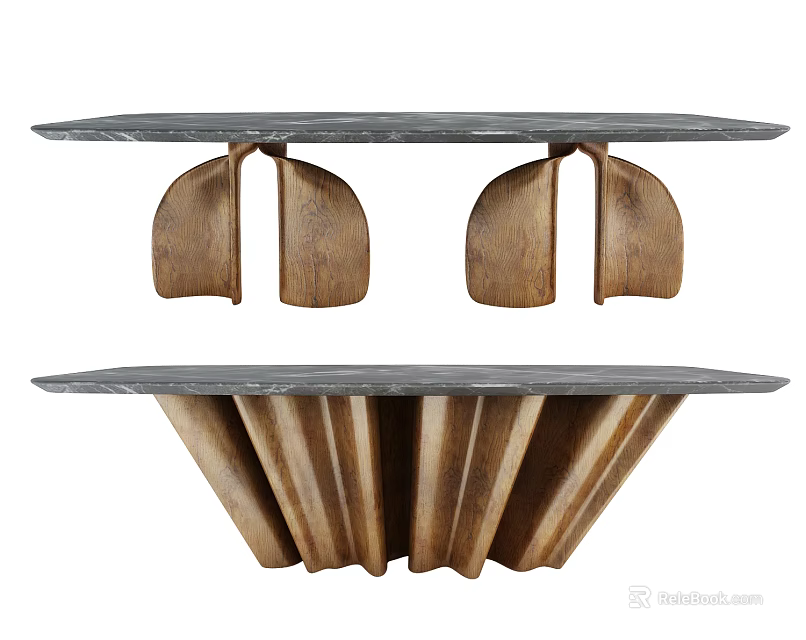 Modern Dining Table With Marble Top And Unique Sculptural Wooden Base Design 3d model