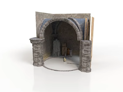 Medieval Stone Arch Interior Structure With Carved Walls And Statue Decor 3d model