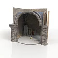Medieval Stone Arch Interior Structure With Carved Walls And Statue Decor 3d model