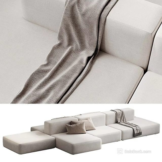 Modern Light Colored Multi Person Sofa With Herringbone Blanket And Soft Cushions 3d model 