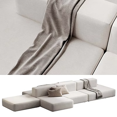 Modern Light Colored Multi Person Sofa With Herringbone Blanket And Soft Cushions 3d model