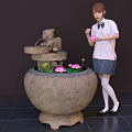 Elegant Garden Ornament with Stone Basin Lotus Flowers and Small Lion Sculpture