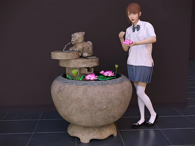 Elegant Garden Ornament with Stone Basin Lotus Flowers and Small Lion Sculpture 3d model