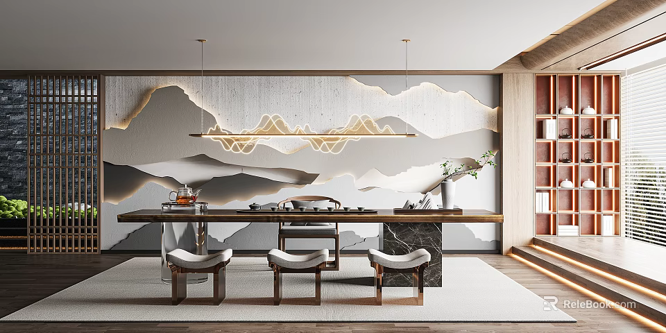 Modern Tea Room Interior With Mountain Landscape Backdrop Long Tea Table And Hanging Lamp 3d model 