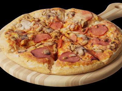 由于图片重点信息为披萨（配料含意大利辣香肠、蘑菇，置于木质托盘），而非“边几”，推测可能存在信息误差。基于图片实际内容生成标题如下：

Delicious Baked Pepperoni Mushroom Pizza On Wooden Tray With Melted Cheese 3d model