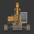 Yellow Tracked Excavator Machinery With Cab And Bucket On Reflective Surface