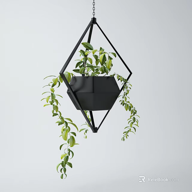 Black Geometric Metal Hanging Planter With Trailing Green Leaves For Indoor Decor 3d model 