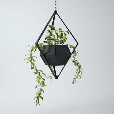 Black Geometric Metal Hanging Planter With Trailing Green Leaves For Indoor Decor 3d model