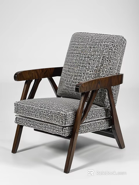 Modern Stylish Accent Chair With Wooden Arms Legs And Geometric Pattern Fabric 3d model 