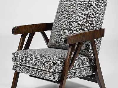 Modern Stylish Accent Chair With Wooden Arms Legs And Geometric Pattern Fabric 3d model
