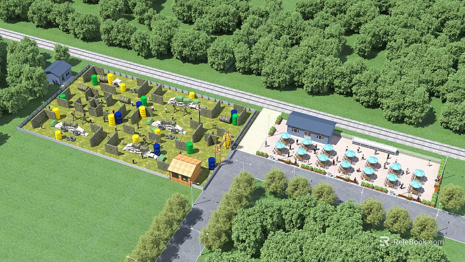 Outdoor Playground With Green Trees Colorful Play Structures Wooden Huts And Open Lawn Area 3d model 