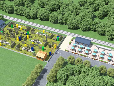 Outdoor Playground With Green Trees Colorful Play Structures Wooden Huts And Open Lawn Area 3d model