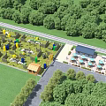 Outdoor Playground With Green Trees Colorful Play Structures Wooden Huts And Open Lawn Area