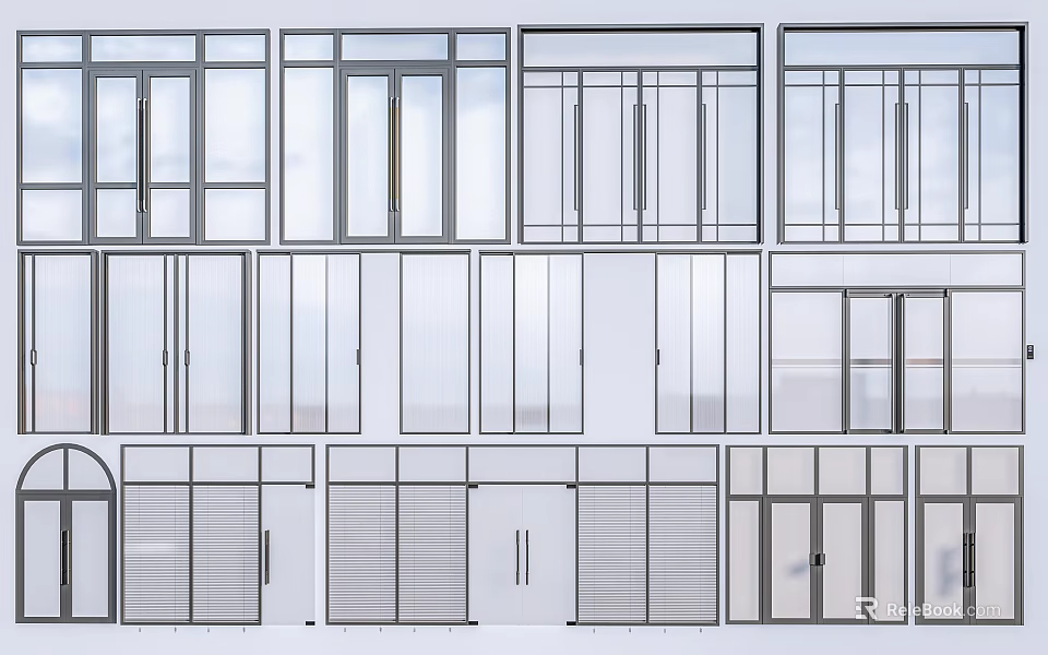Various Modern Window And Door Designs With Glass Panels And Frames 3d model