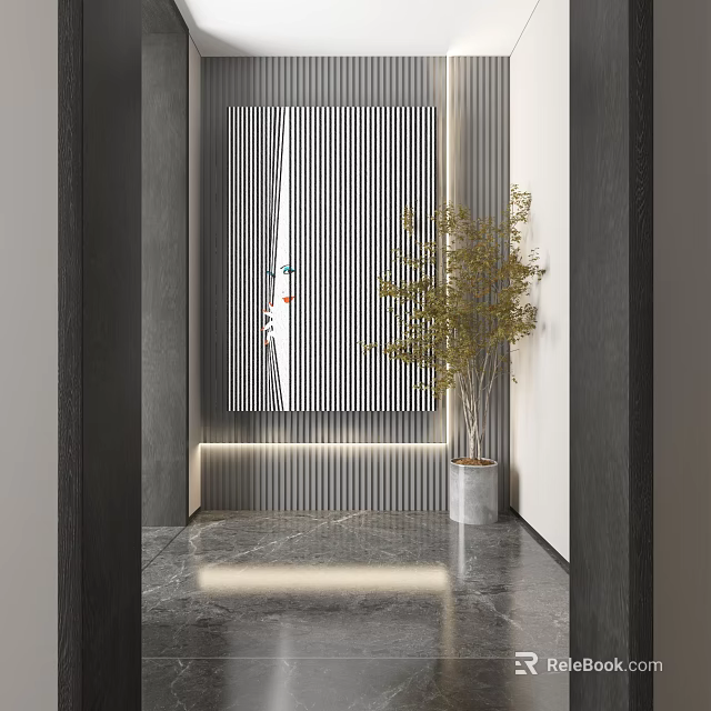 Modern Entryway Design With Striped Artwork Green Plant And Marble Floor 3d model 