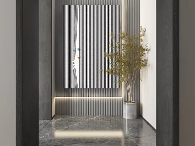 Modern Entryway Design With Striped Artwork Green Plant And Marble Floor 3d model