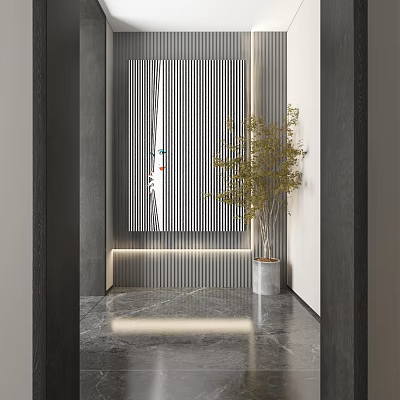 Modern Entryway Design With Striped Artwork Green Plant And Marble Floor 3d model