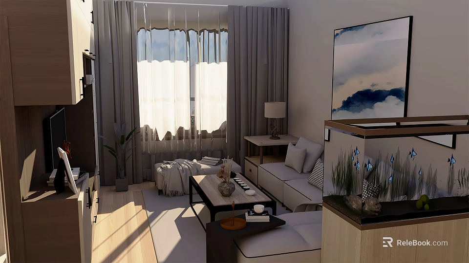 Modern Living Room Interior With Sofa Coffee Table Decorative Painting And Natural Light 3d model 
