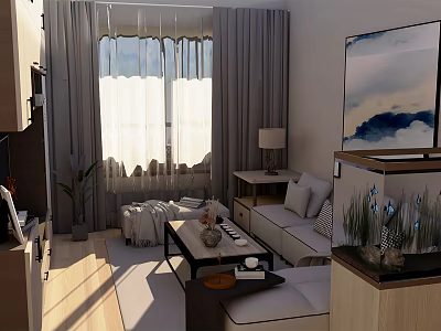 Modern Living Room Interior With Sofa Coffee Table Decorative Painting And Natural Light 3d model