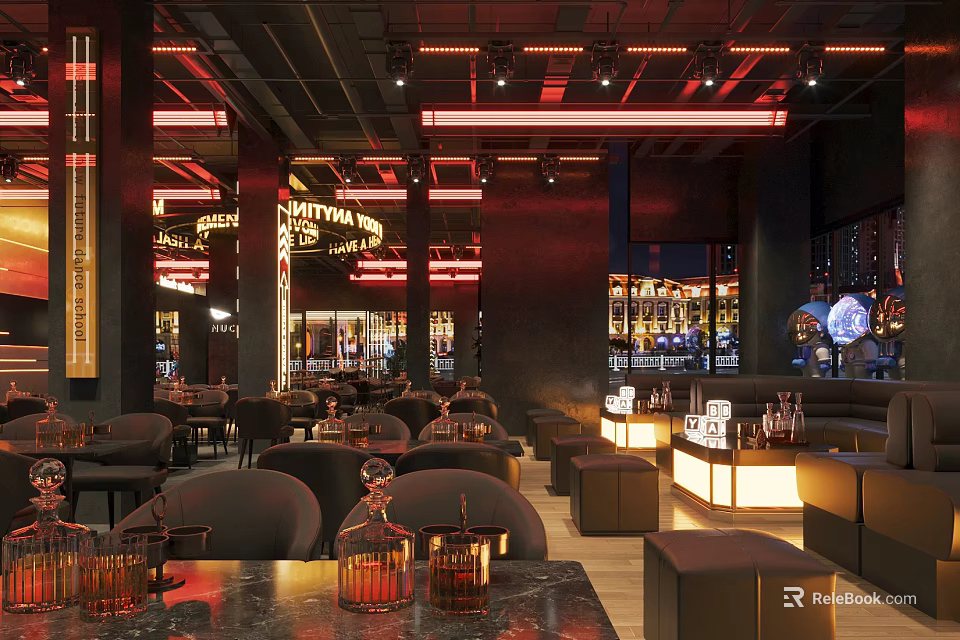 Stylish Bar Interior With Red Lighting Chandeliers Sofa Seats And Wine Displays 3d model 