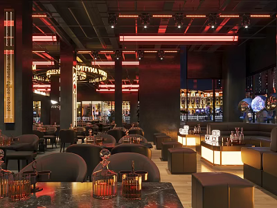 Stylish Bar Interior With Red Lighting Chandeliers Sofa Seats And Wine Displays 3d model