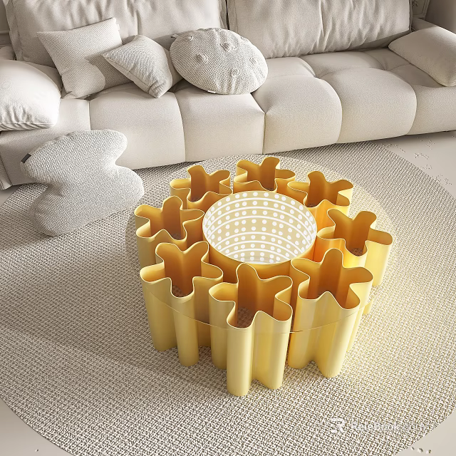 Yellow Flower Shaped Coffee Table With Petal Structure And Circular Center In Living Room 3d model 