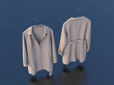 Two Beige Coats Hanging on Hangers Showing Front and Back Views on Dark Blue Background 3d model