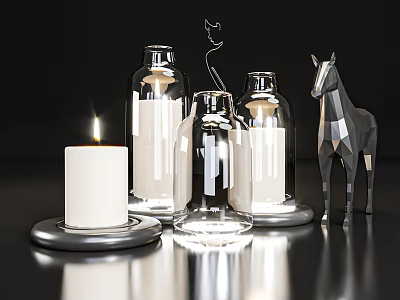 Modern Decorative Ornament Set With Clear Glass Jars Lit Candle Metal Tray And Geometric Horse 3d model