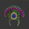 Decorative Green Pink Feather Shaped Household Ornament With Central Blue Gemstone And Golden Accents