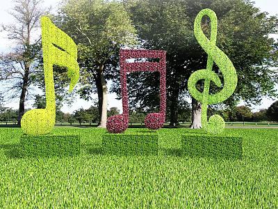 Bushes Trimmed Into Musical Notes On Lawn With Trees And Blue Sky 3d model