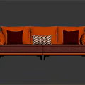 Modern Two Seater Sofa Interior With Orange Frame Burgundy Seat Three Cushions And Patterned Center