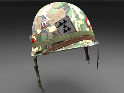 Camouflage Military Helmet With Four of Clubs Insignia Badges and Leather Strap 3d model