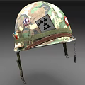Camouflage Military Helmet With Four of Clubs Insignia Badges and Leather Strap