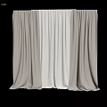 Beige Double Layer Curtains With Sheer White Panels Against Dark Walls Revealing Green Outdoor View