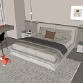 Modern Bedroom Interior With Double Bed Pillows Nightstands Striped Rug And Stuffed Dogs