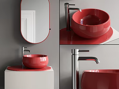 Red Ceramic Washbasin With Chrome Faucet And Wall Mirror On White Countertop 3d model