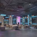 Modern Retail Display Space With Blue Purple Neon Lights Geometric Ceiling Industrial Style Wooden Tables And Shelves