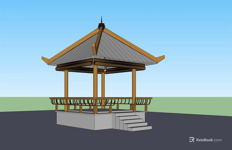 Outdoor Traditional Wooden Pavilion with Curved Eaves Roof and Stone Staircase Railings 3d model 