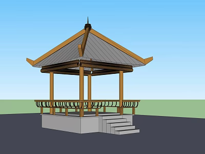 Outdoor Traditional Wooden Pavilion with Curved Eaves Roof and Stone Staircase Railings 3d model